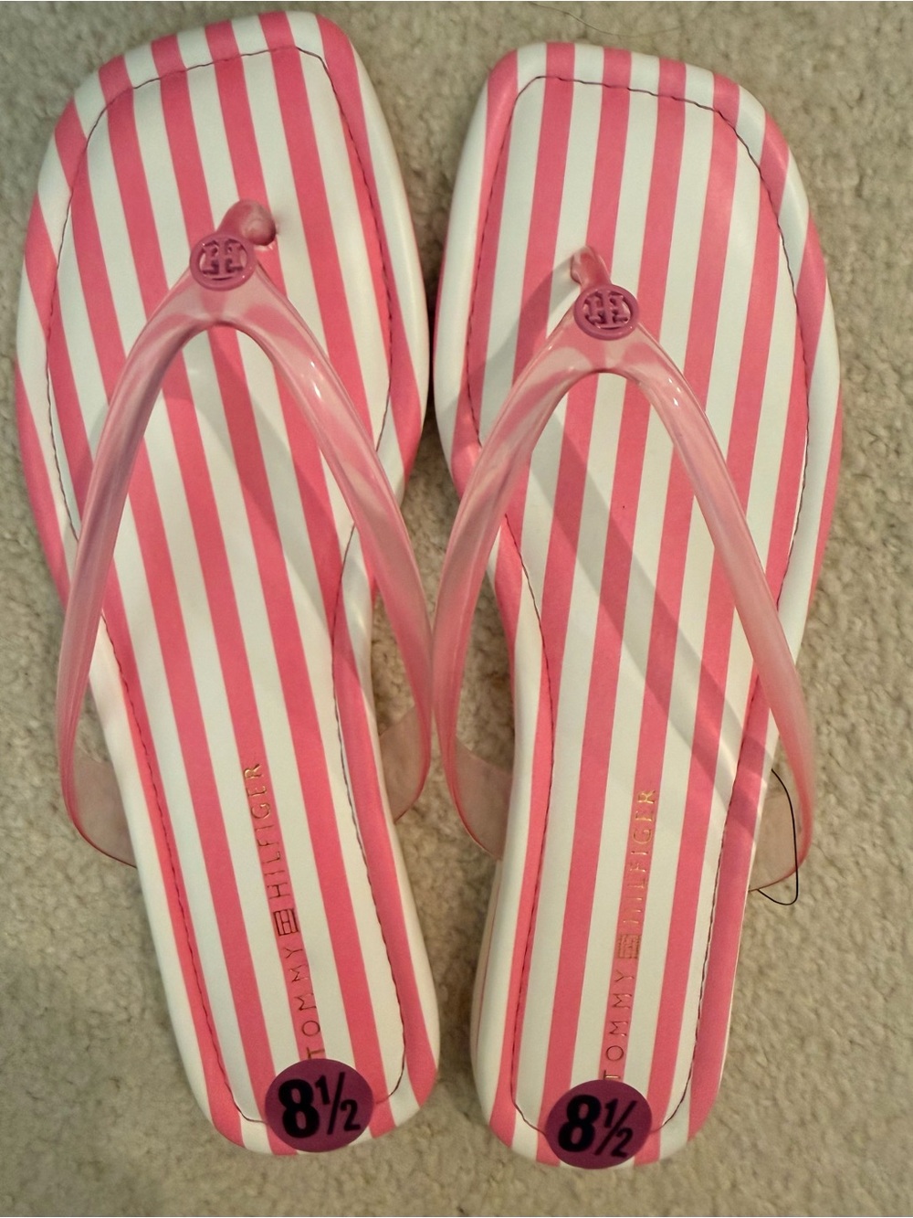 Tommy Hilfiger Pink and White Striped Jelly Strap Flip Flops